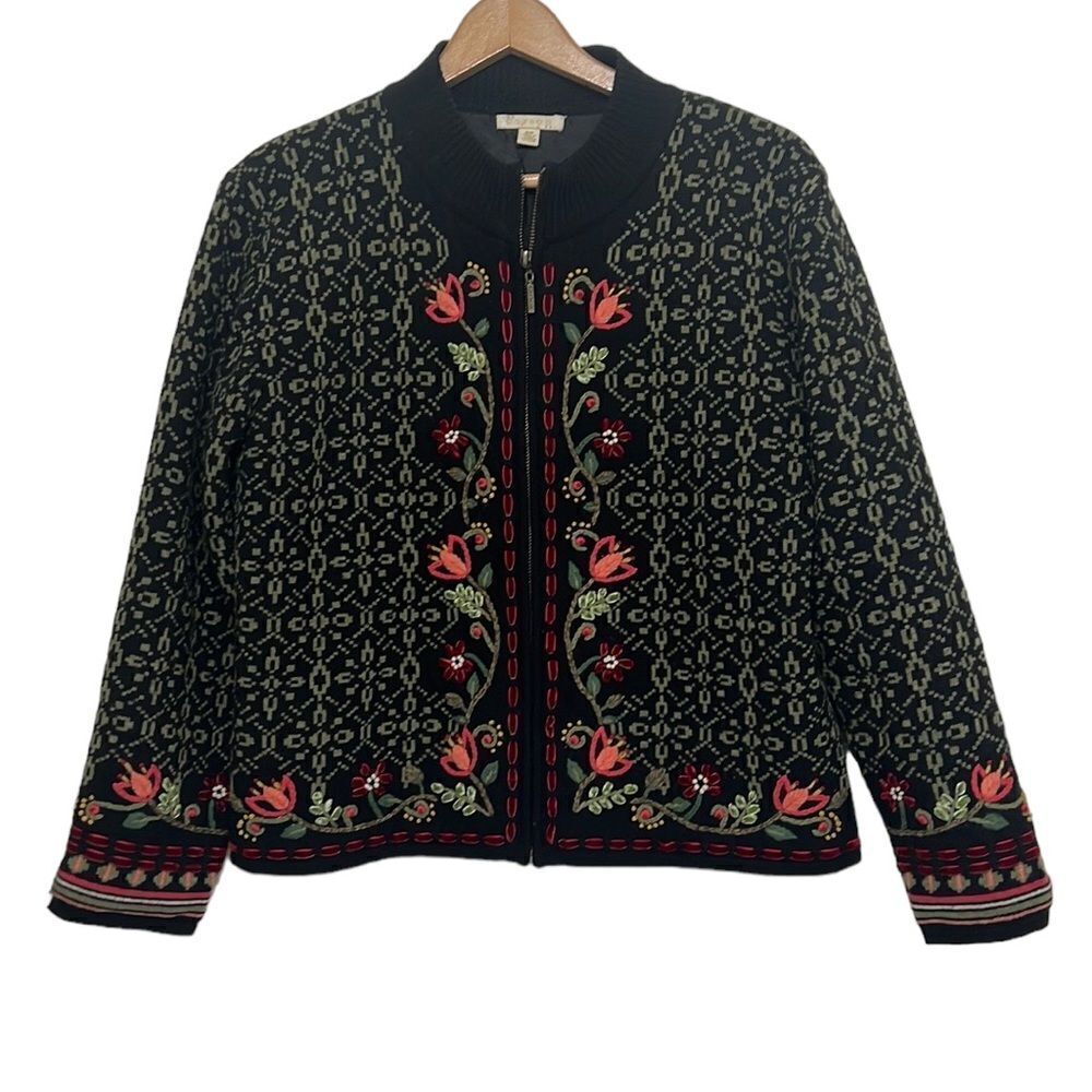 Carson Cardigan Jacket Woman’s Size Small Lambswool Full Zip Embroidered Floral